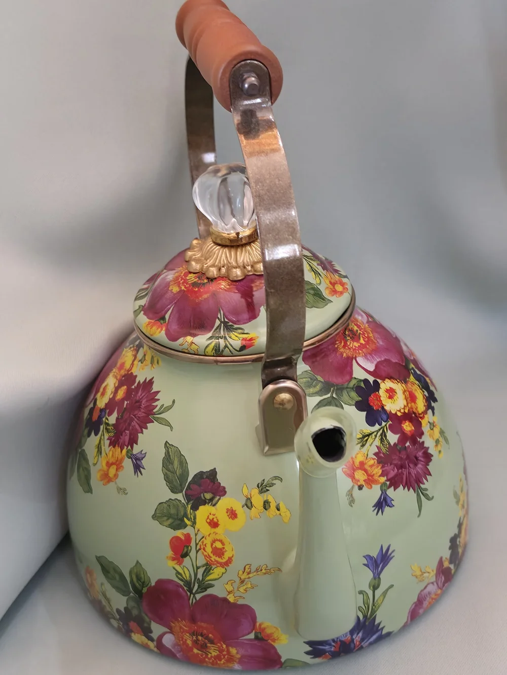 MacKenzie-Childs Sage Green Floral Enamel Tea Kettle with Pink and Yellow Blooms